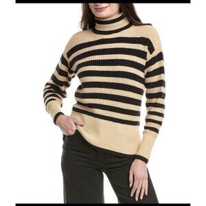 Cabi Chunky Knit Turtleneck Sweater Tan Black Striped Cotton Blend Size M Preppy